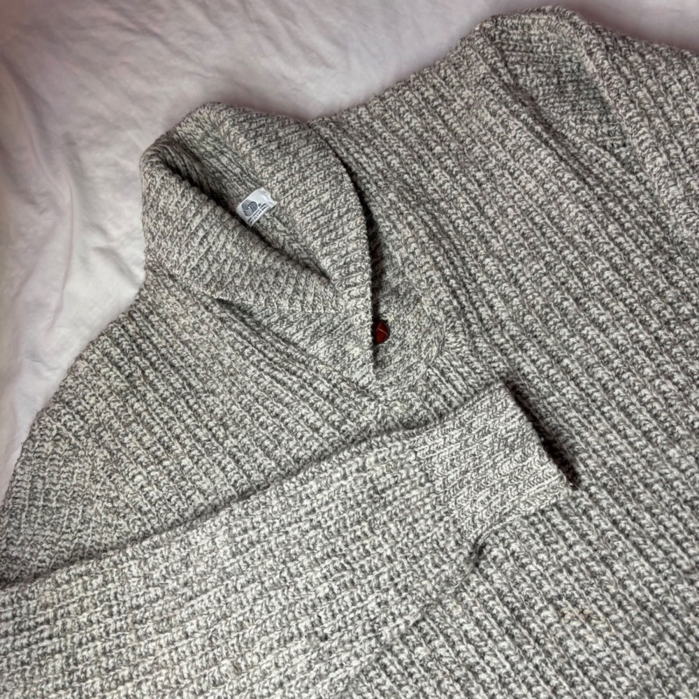 Vintage Woolmark Mens XL 100% Pure Wool Shawl Collar Chunky Knit Sweater Grey
